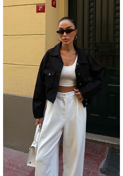 Siyah Çift Cep Denim Crop Ceket Bcdf-255419 Çok Renkli