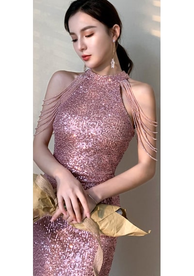 Hanife Glam Couture Hanife Glam Halter Yaka Taş Tasarımlı Pul Payet Abiye Elbise Pembe