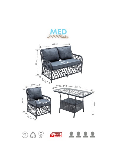 Med Rattan Bahçe Balkon Mobilyası 2+1+1+masa Bahçe Takımı Balkon Mobilyası Diğer