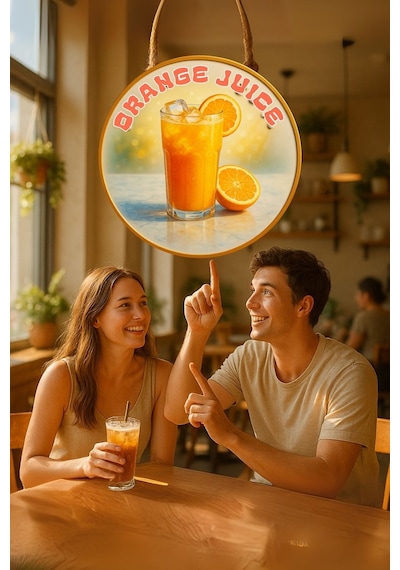 Orange Juice Portakal Suyu Temalı Kapı Süsü Tablosu, Uv Baskılı Meyve Desenli Cafe Duvar Dekoru