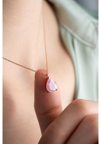 925 Ayar Gümüş Pembe Taşlı Damla Model Kolye Rose Gold