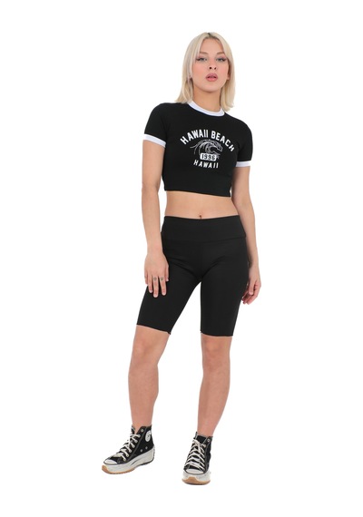 Sortie Collection Bisiklet Yaka Önü Baskılı Pamuklu Crop Tişört Siyah