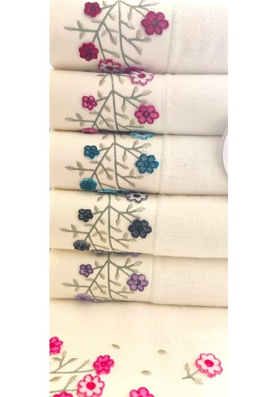 6.lı Set Annem 50x90 Cm. Özel Tafting Nakışlı Kadife Doku Çeyizlik Lüks Havlu Seti Beyaz krem