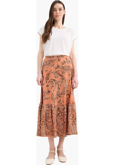 DeFacto Regular Fit Esnek Belli Desenli Midi Etek F1158AX25SMOG327 Turuncu