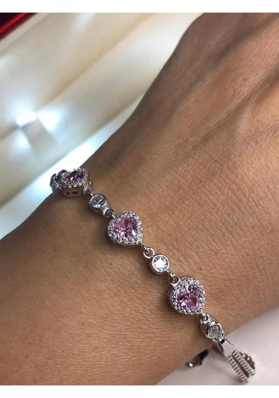 Vog Swarovski Pembe 3 Lü Kalp Taşlı S Model Sevgiliye Eşe Hediye Bileklik