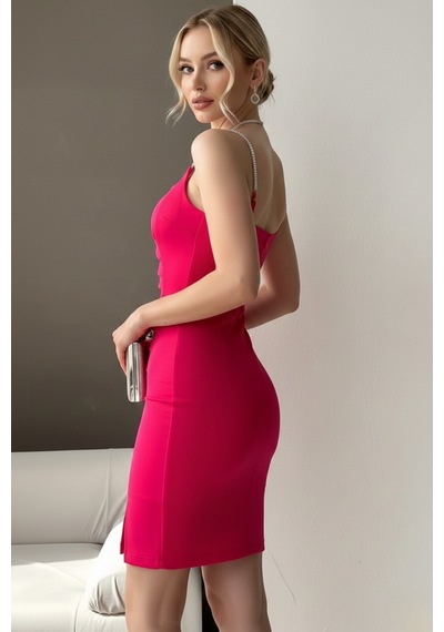 Defymoda Kadın Esnek Yapılı İnce Askı Elbise Pembe