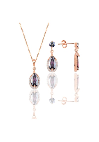 Gümüş Rose Mistik Taşlı Damla Modeli Kolye Ve Küpe İkili Set