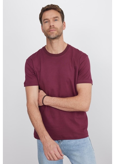 Tudors Unisex Relax Fit Rahat Kesim %100 Pamuk Yumuşak Dokulu Hafif Kalın Bordo Bisiklet Yaka Tişört-35717 Bordo