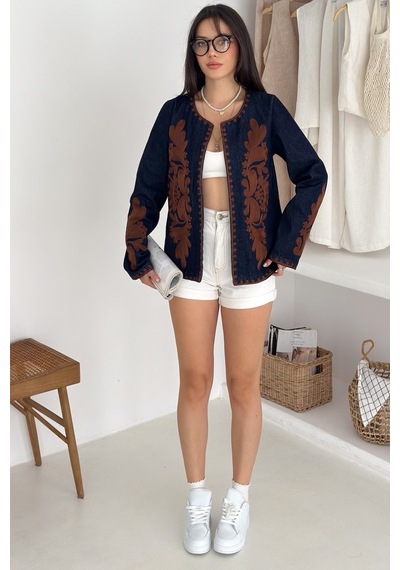 Femelle Kadın Lacivert Vintage Nakışlı Kot Denim Ceket Kahverengi