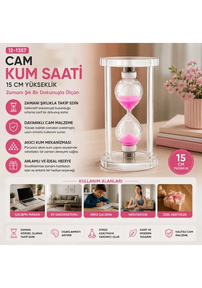 Büyük Cam Kum Saati Cam Standlı Çap: 7.5cm-yükseklik: 15cm Bx40 Çok renkli