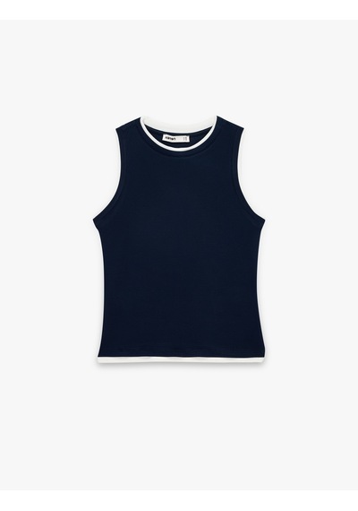 Koton Renk Kontrastlı Katmanlı Slim Fit Bisiklet Yaka Kolsuz Fitilli Bluz Lacivert 6sak10069ek