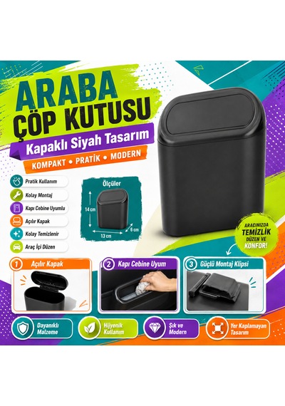 Araba Çöp Kutusu Kapaklı Siyah Araç İçi Pratik Ve Kompakt Çöp Kovası 1