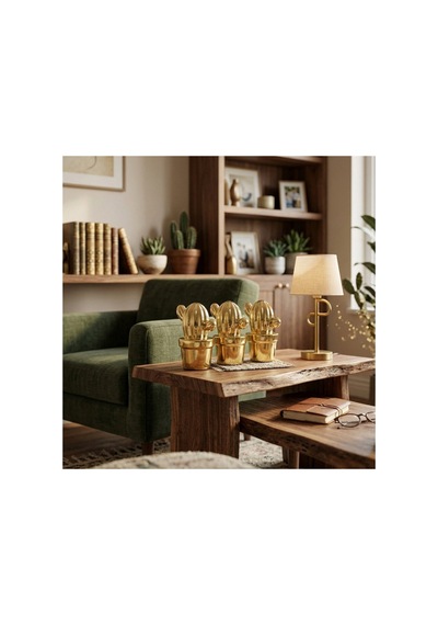 2 Adet Kaktüs Tasarımlı Dekoratif Biblo Orta Boy Seramik Gold Dekor, Masa Raf Kitaplık Süsü, Cactus Ornament 1