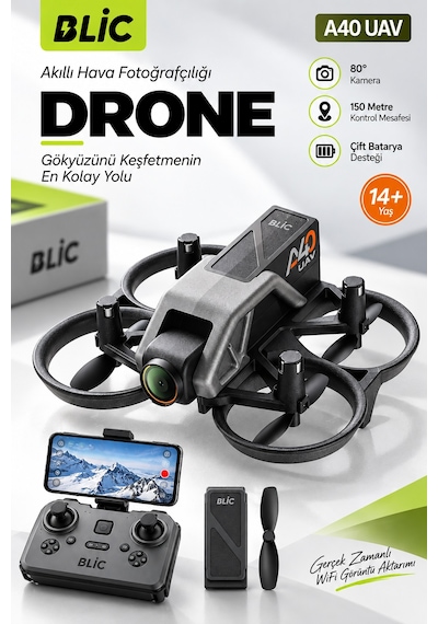 Blic A40 Uav Wifi Kameralı Drone, 150 Metre Kontrol Mesafesi, 360 Takla, Optik Akış Sabitleme, Çift Siyah