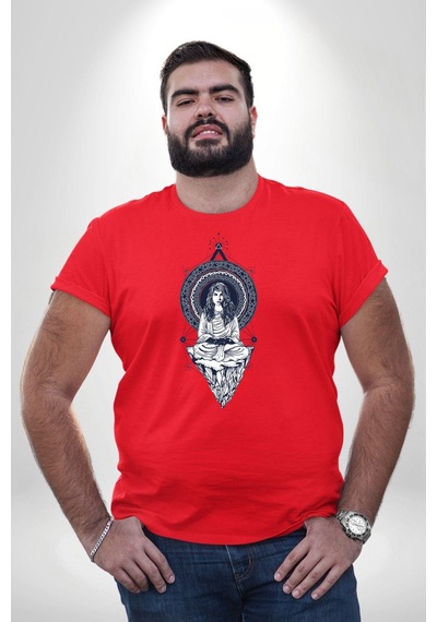 Angemiel Falcı Meditasyon Yoga Dağın Üstünde Kırmızı Büyük Beden Erkek Kadın Unisex Basic Ön Baskılı Tişört Kırmızı