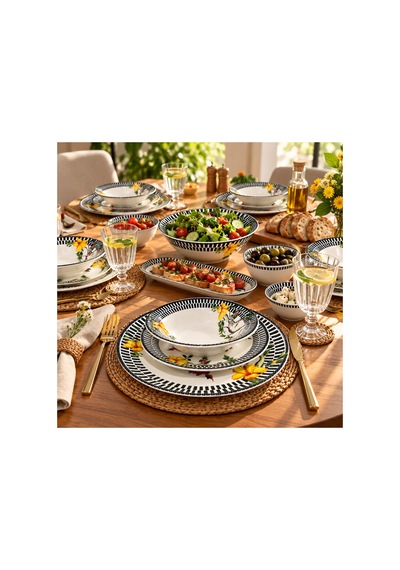 24 Parça 6 Kişilik Çiçek Desenli Porselen Yemek Takımı Servis, Yemek, Pasta Tabağı Ve Kase Seti Beyaz
