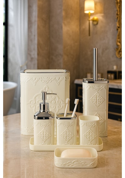 Makri Home 7 Parça Desenli Kare Click Kapaklı Beyaz Silver Banyo Seti, Hacim: 8 Litre Beyaz