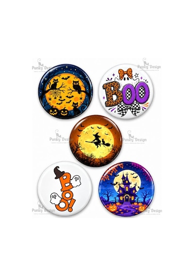 Punky Design Cadılar Bayramı Halloween Temalı 15 Li Rozet Seti- 44 Mm Kedi Cadı Hayalet Desenli Yaka Çok Renkli