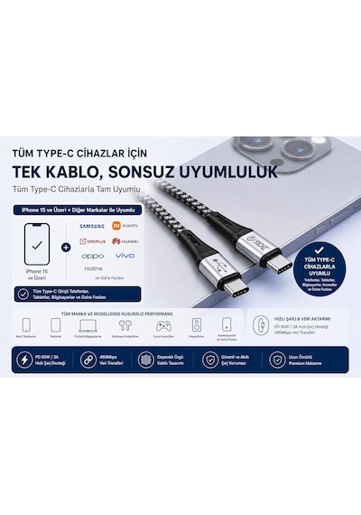 Bydiz Premium Örgülü Usb-c - Usb-c 60w Hızlı Şarj Kablosu, 1,5 M, Pd Destekli Type-c Kablo, İphone 15/16/17 Serisi, Galaxy S23/s24/s25, İpad, Macbook, Xiaomi Uyumlu, Siyah