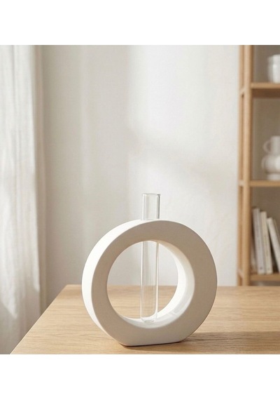 Beyaz Taş Tozu Halka Vazo Ve Cam Tüp Difüzör Seti - Minimalist Oval Geometrik Oda Kokusu Standı Beyaz