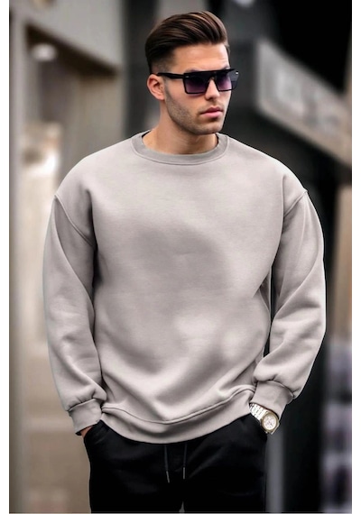 Barlashive Erkek Düz Bisiklet Yaka 3 İplik Sweatshirt - Boyalı Gri Çok Renkli