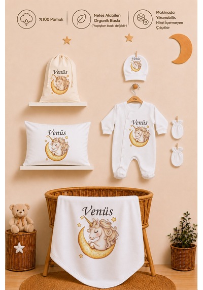 Pia Baby Kız Bebek İsimli Hastane Çıkışı 6 Parça Tulum Şapka Eldiven %100 Pamuk Hediye Seti 1108tybkyx Krem