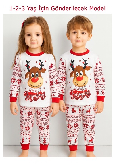 Bilge Trend Yılbaşı , Noel , Yeni Yıl Etnik Desen Geyikli %100 Pamuk Kız Erkek Çocuk Pijama Takım Dar Kalıptır Kırmızı - Beyaz