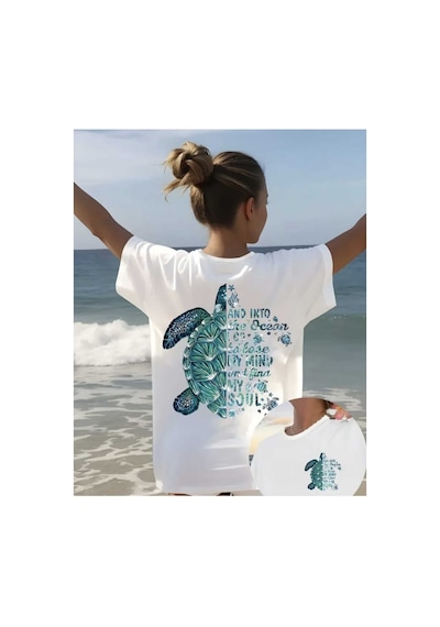 Panda Baskı Tekstil Kaplumbağa Baskılı Özel Tasarım Oversize Tshirt Beyaz