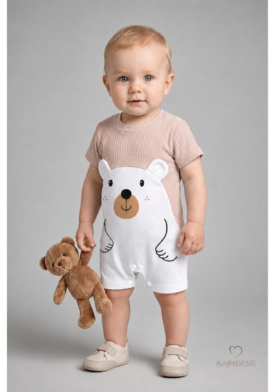 Babyden's Erkek Bebek Ayıcık Baskılı Kısa Kollu %100 Pamuk Yazlık Bebek Tulumu Yenidoğan Günlük Tulum 0-9 Ay Bej