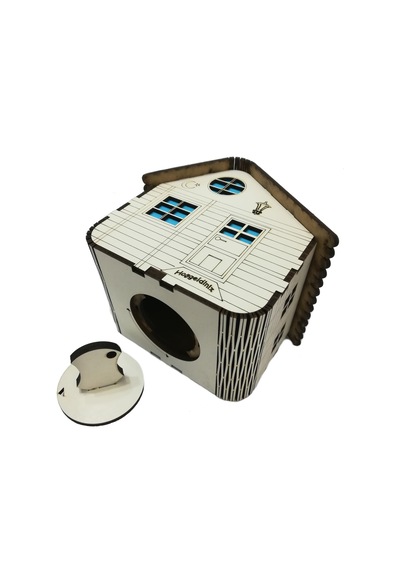 Kişiye Özel Dekoratif Ahşap Mavi Dağ Evi Kumbara -Tipbox