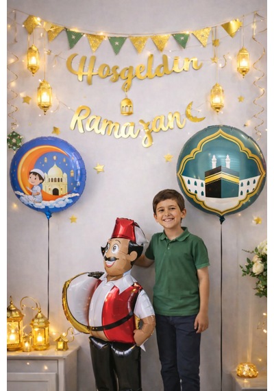 2li Ramazan Folyo Balon Set 45cm Dua Eden Çocuk Ve Kabe Hilal Cami Hoşgeldin Bayramı Temalı Dini Süs Mavi - Yeşil