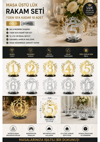 Lüks Akrilik Masa Numaratörü Seti 1-10 Arası 12x10 Cm - Düğün, Nişan, Restoran & Rezerve Masa Numarası Rakam Seti Gold / Gümüş Lüks Akrilik Masa Numaratörü Seti 1-10 Arası 12x10 Cm - Düğün, Nişan, Restoran & Rezerve Masa Numarası Rakam Seti Gold / Gümüş