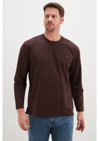 Fullamoda Baskılı Bisiklet Yaka Sweatshirt Kahve