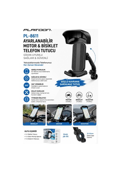Platoon Pl-8611 Ayarlanabilir Motor Ve Bisiklet Telefon Tutucu Gidon Uyumlu Sağlam Ve Güvenli Siyah