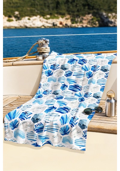 Mavi Tropikal Geometrik Plaj Havlusu - Modern Marine Altıgen Hızlı Kuruyan Mikrofiber Havlu Kuru Tozu