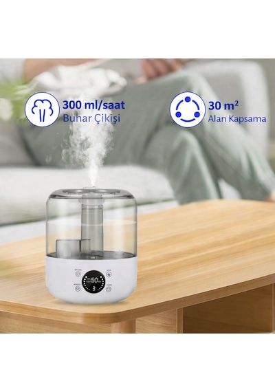 3 Litre Kapasiteli Led Ekranlı Akıllı Hava Nemlendirici 3 Seviyeli Buhar Ayarı, Geniş Alan Etkisi