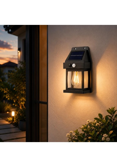 Ayrex Güneş Enerjili Solar Duvar Lambası, Ampul Görünümlü Sıcak Işık, Hareket Sensörlü Ip65 Dış Mekan Apli