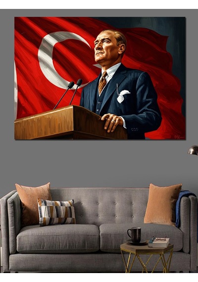 Ahşap Tablo Türk Bayrağı Önünde Atatürk Portresi İstanbul Tabloları