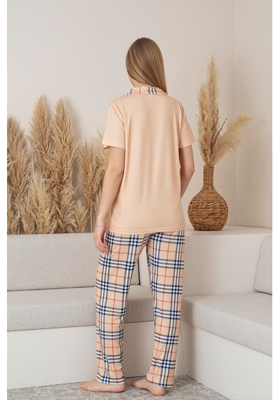Farya Home Dreamy Milan Kısa Kollu Ekose Kareli Düğmeli Gömlek Pijama Takımı SOMON
