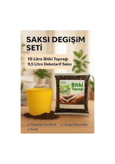 Saksı Değişim Seti - 10 Litre Böcek Sinek Yapmayan Organik Çiçek Toprağı + 9,5 Litre Dekoratif Saksı 10 L