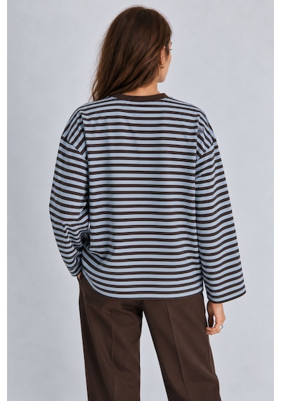 Hiccup Bıpantolon Kadın Oversize Çizgili Bisiklet Yaka Sweatshirt Mavi