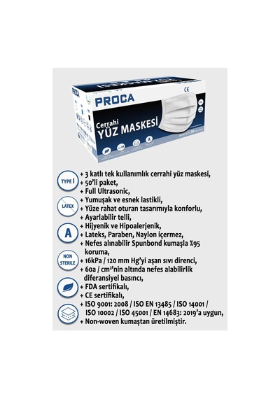 Proca Tek Kullanımlık 3 Katlı Telli Cerrahi Maske 50'li Paket