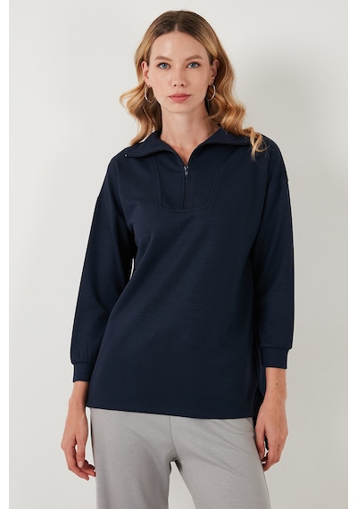 Lela Regular Fit Fermuarlı Yaka Önü Kısa Arkası Uzun Bayan Sweat 5865876 Lacivert