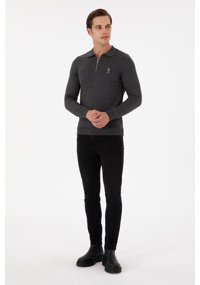 U.S. Polo Assn. Erkek Slim Fit Yarım Fermuarlı Antrasit Melanj Basic Kazak 50297066-VR081