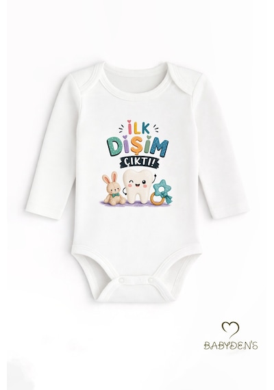 Babyden's Diş Buğdayı Body %100 Pamuk İlk Dişim Çıktı Baskılı Uzun Kollu Bebek Body Çıtçıtlı Unisex Yenidoğan Zıbın Beyaz