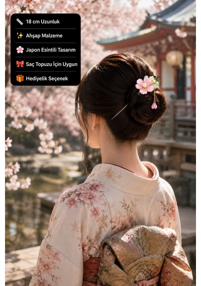 Sakura Bloom Ahşap Saç Çubuğu Japon Esintili Pembe Çiçek Tasarımlı Topuz Tokası Çok Renkli