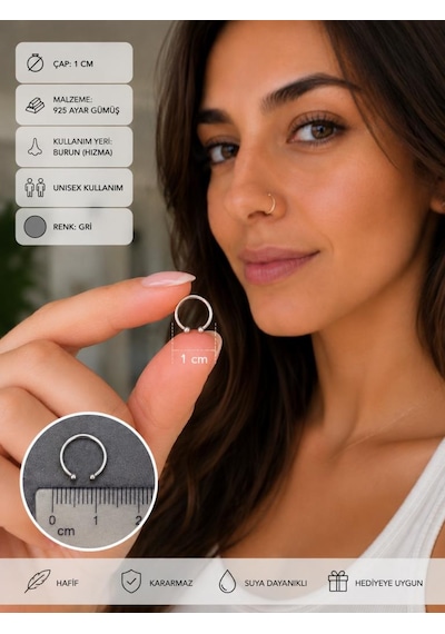 925 Ayar Gümüş Halka Burun Hızması 1 Cm Çap Gri Renk Minimal Unisex Nose Hoop Piercing çok renkli