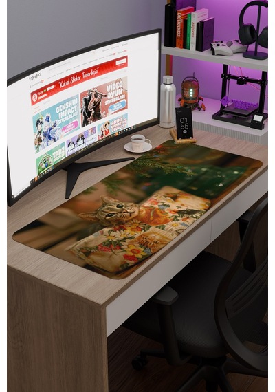 Yeni Yıl Kediler- Kedi- Yılbaşı V2 90x40 Xxl Gaming Kauçuk Kaymaz Taban Mouse Pad Fare Altlığı