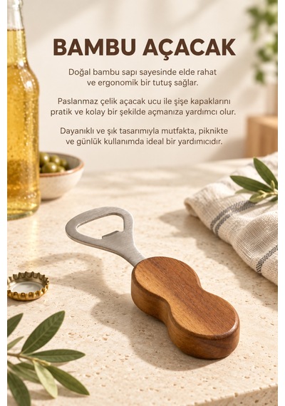 Bambu Saplı Şişe Açacağı Paslanmaz Çelik Uçlu Ergonomik Kapak Açıcı Kahverengi - 919952908 Kahverengi