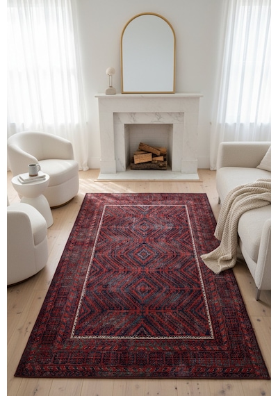 Artloop Relic Kırmızı / Lacivert Vintage Dokulu Klasik Desenli Dokuma Tabanlı Şönil Halı Al 494 Kırmızı - Lacivert